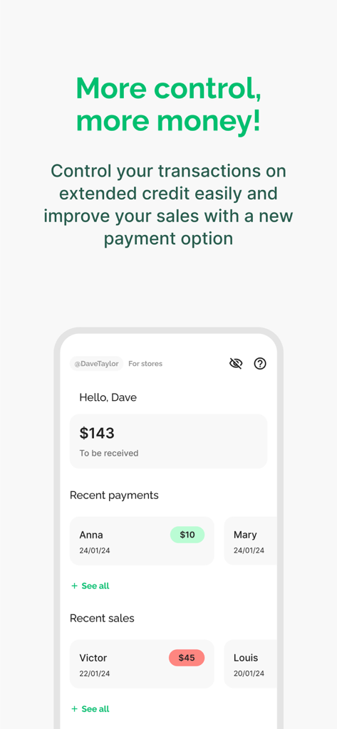 Crediado - Sales management - Painel do aplicativo móvel Crediado mostrando o rastreamento de vendas e histórico de pagamentos