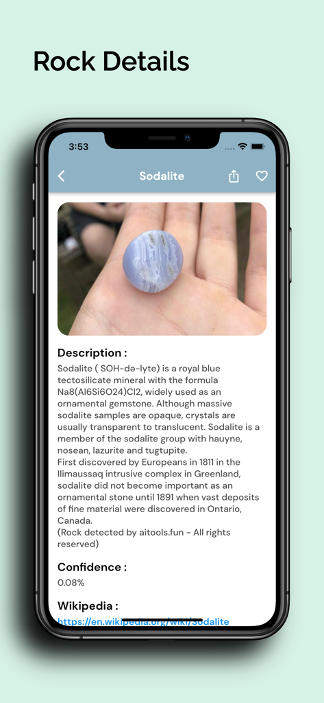Stone Identifier : Rock finder - A mobile phone screen displaying detailed information and a photo identification of a Sodalite stone within the rock finder app