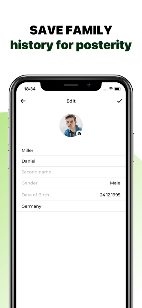 Un écran mobile montrant l'interface d'édition de profil de l'application Arbre Généalogique avec des champs pour le nom, le sexe et la date de naissance.