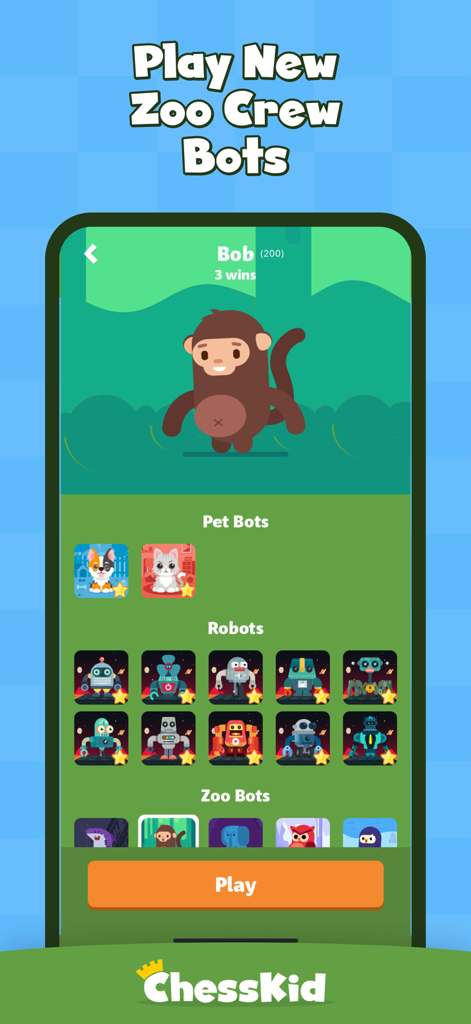 Chess for Kids: Learn to Play - A screen from the ChessKid app showing various cartoon animal and robot bots that children can play chess against.