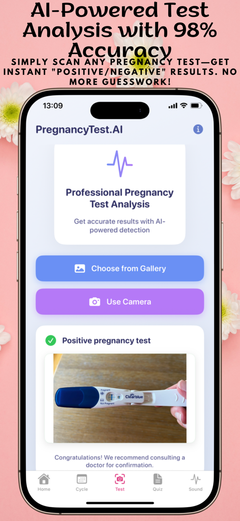 Pregnancy Test AI - Smartphone screen showing the Pregnancy Test AI app analyzing a home test and displaying a positive result with 98 percent accuracy.