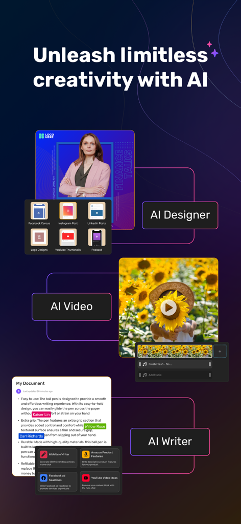 Screenshot of Simplified AI showing its AI design video and writing capabilities