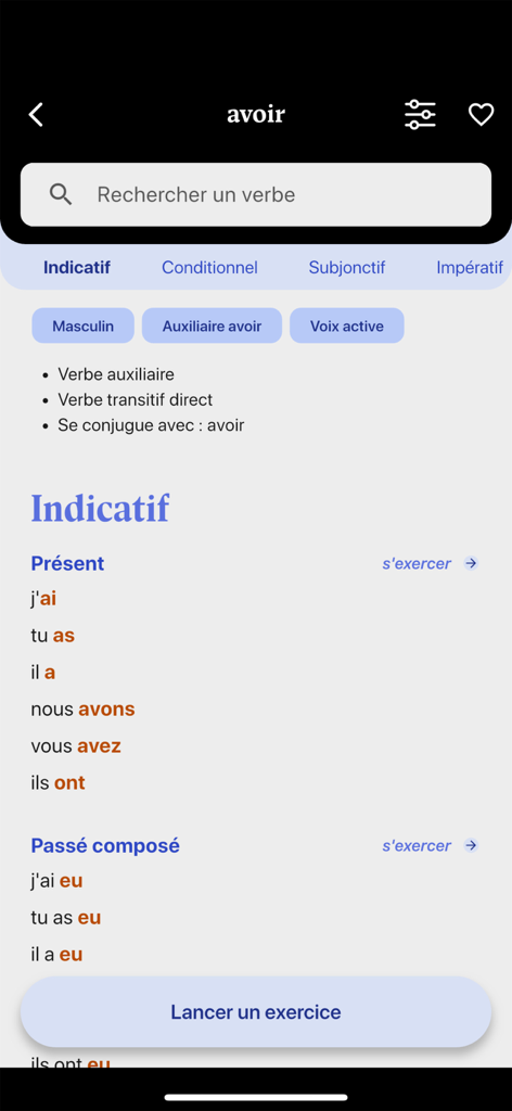 French conjugation! - Captura de pantalla de la aplicación de conjugación francesa que muestra los tiempos presente y pasado del verbo avoir.