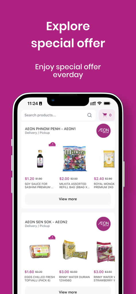 AEON Online - Interfaz de la aplicación móvil AEON Online que muestra artículos de comestibles con descuento y ofertas especiales diarias