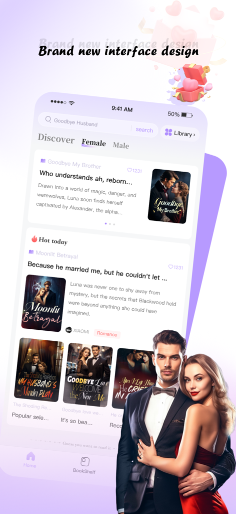NovelShort - Novels & Fiction - Screenshot der NovelShort-App, die die Entdeckungsseite für Romanzen und Belletristik mit einer sauberen Benutzeroberfläche zeigt.