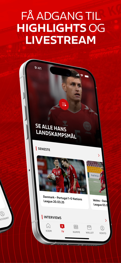 ForDanmark - Screenshot of the ForDanmark app showing the video section with football highlights and livestream access