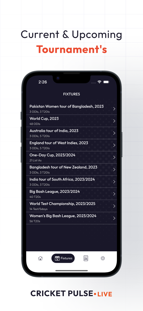 Cricket Pulse - Live Scores - A list of current and upcoming cricket tournament fixtures on the Cricket Pulse app