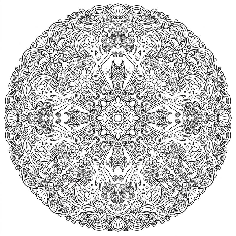 Unleash your creativity with this stunning Siren Mermaids Mandala coloring page, featuring intricate designs of mythical sea beings. Perfect for a relaxing and immersive coloring experience that transports you to an underwater realm.