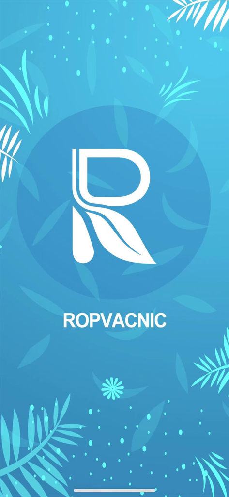ROPVACNIC - The splash screen of the ROPVACNIC robot vacuum app showing a white stylized R logo on a blue background with floral patterns.