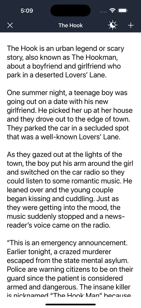 Horror Stories & Scary Stories - Screenshot of the Horror Stories and Scary Stories app showing the text of the Hookman urban legend.