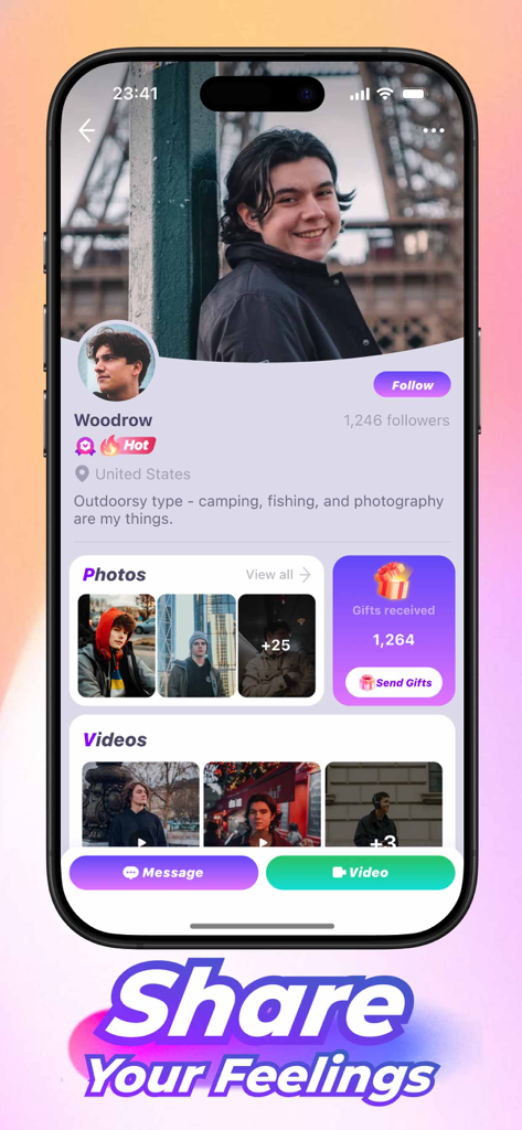 Kasu app interface displaying a detailed user profile with photos and video chat options