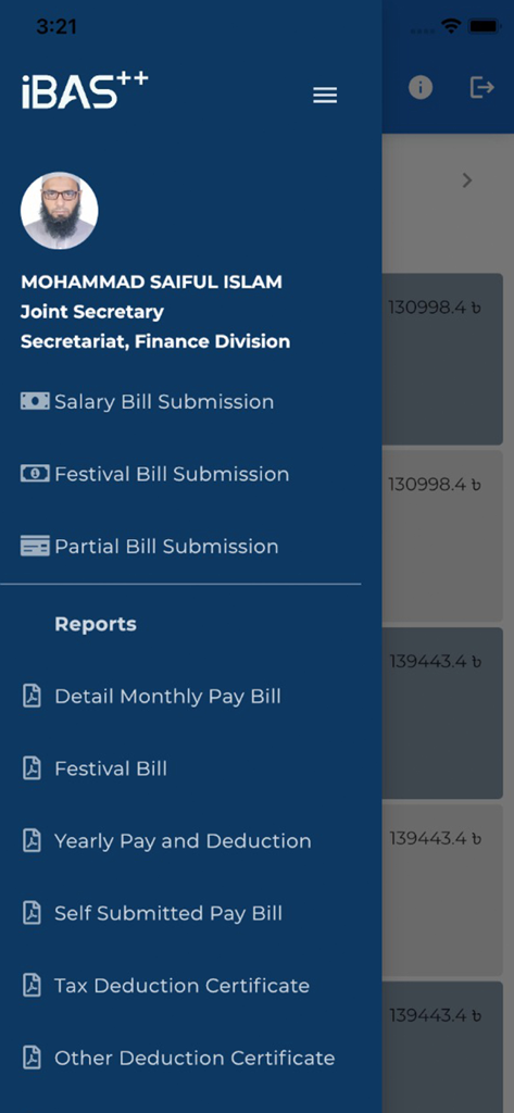 The iBAS Pay app navigation sidebar showing user profile and financial service options like salary bill submission and reports
