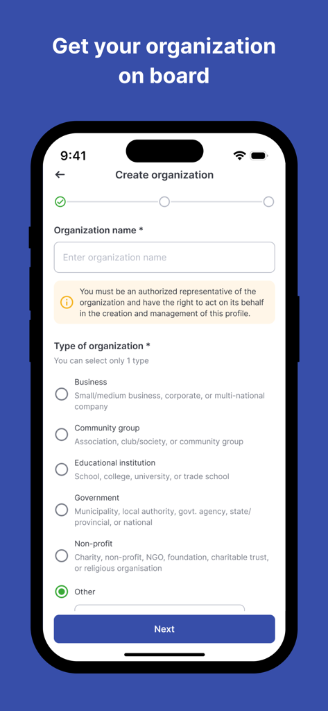 Una pantalla móvil de la aplicación gudppl que muestra el formulario para crear y registrar un perfil de organización seleccionando categorías como sin fines de lucro o escuela.