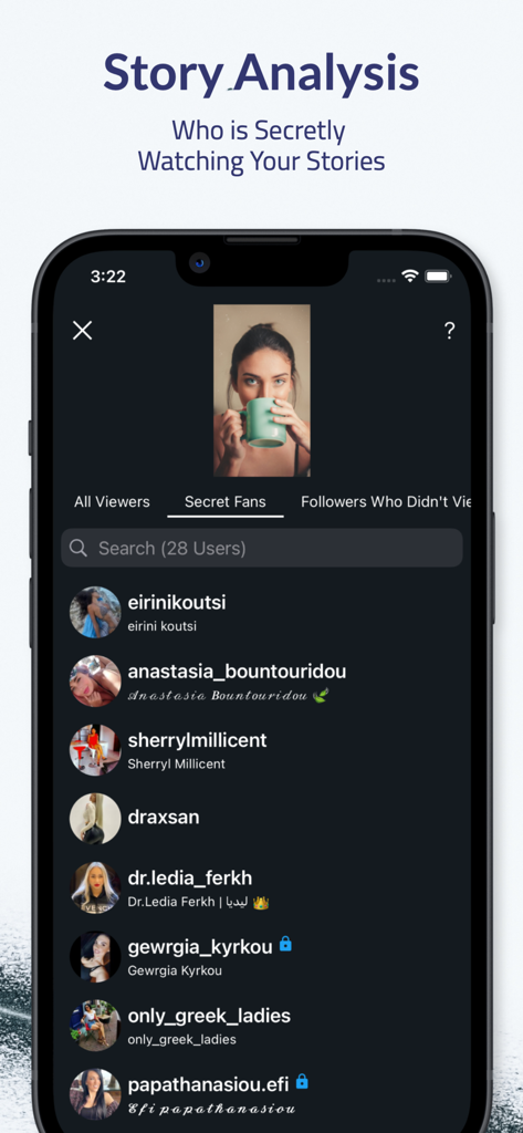 Who Profile: View for my Insta - A smartphone displaying the Story Analysis feature of the Who Profile app showing a list of users under the Secret Fans tab.