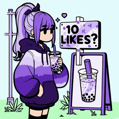 girl with oversized hoodie drinking boba and she has a high ponytail with a sign that says 10likes?