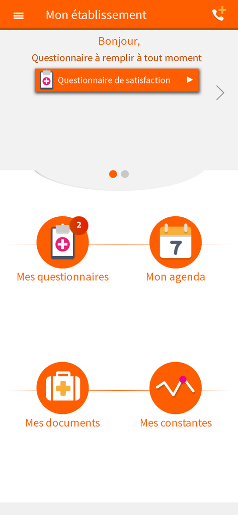 Tableau de bord principal de l'application MonICO montrant les sections pour les questionnaires, l'agenda, les documents médicaux et le suivi des signes vitaux