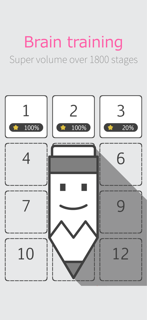 Écran de l'application d'entraînement cérébral Mini Sudoku montrant la progression à travers plus de 1800 niveaux avec une mascotte de crayon souriante.