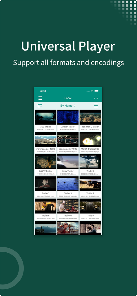 zFuse Media Player interface showing a local video library with universal format support
