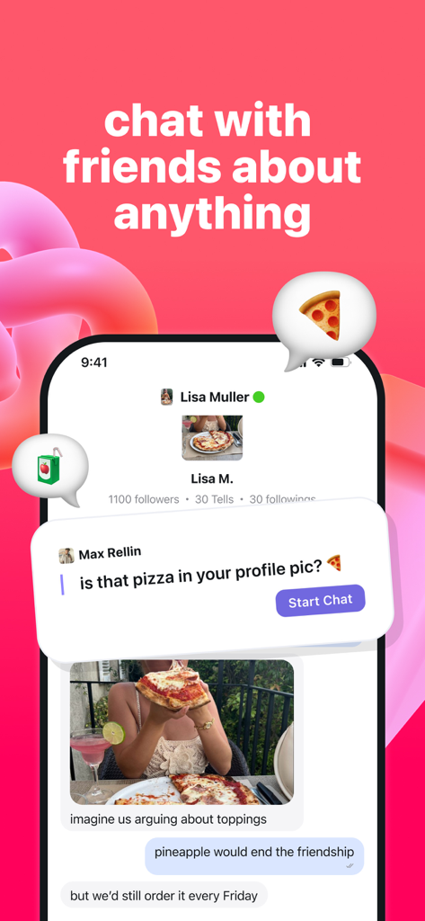 Capture d'écran de l'application Tellonym montrant l'interface de chat où des amis discutent d'une photo de profil et entament une conversation.