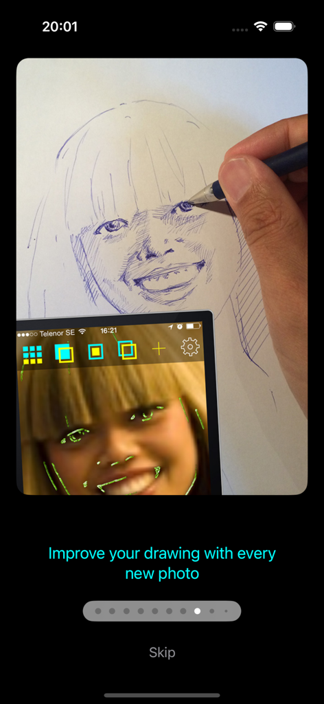PainterTool - A hand drawing a portrait on paper with a blue pen using the PainterTool app reference overlay.
