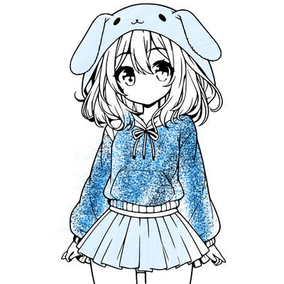 pretty anime girl wearing a fluffy hoodie with bunny ears on the hood and a skirt