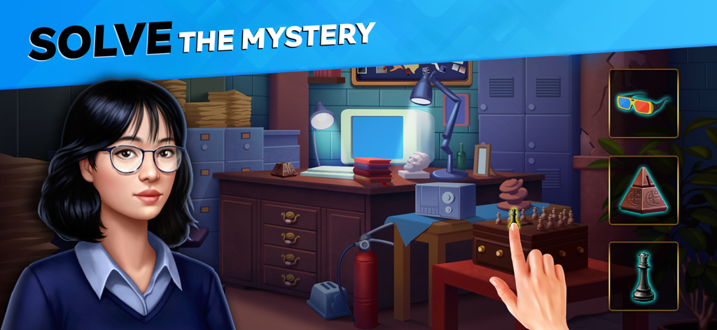 Puzzle Adventure Mysteries - チェスセットを使ったパズルを解いているオフィスルームの女性探偵キャラクター。