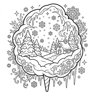 Discover a magical fusion of frosty winter charm and fluffy cotton candy sweetness in this enchanting coloring page. Immerse yourself in a whimsical scene, perfect for adding your vibrant touch to a cozy, snow-kissed world.