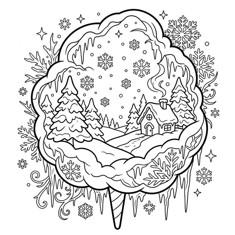 Discover a magical fusion of frosty winter charm and fluffy cotton candy sweetness in this enchanting coloring page. Immerse yourself in a whimsical scene, perfect for adding your vibrant touch to a cozy, snow-kissed world.