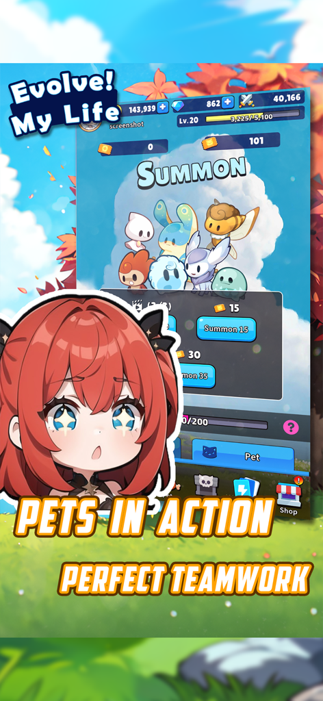 Evolve! My life - 다양한 귀여운 몬스터와 소환 메뉴를 보여주는 Evolve My Life의 펫 소환 화면.