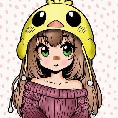 anime girl with chick shaped hat with sweater with bare shoulders with bangs covering them one eye with low tail