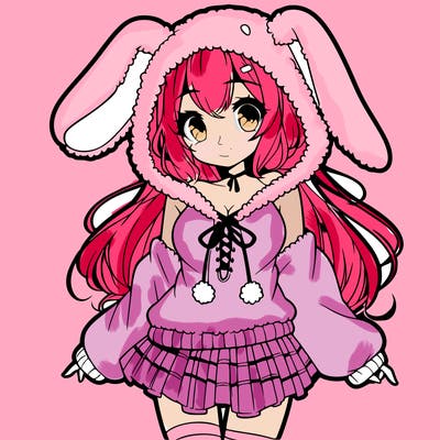 pretty anime girl wearing a fluffy hoodie with bunny ears on the hood and a skirt