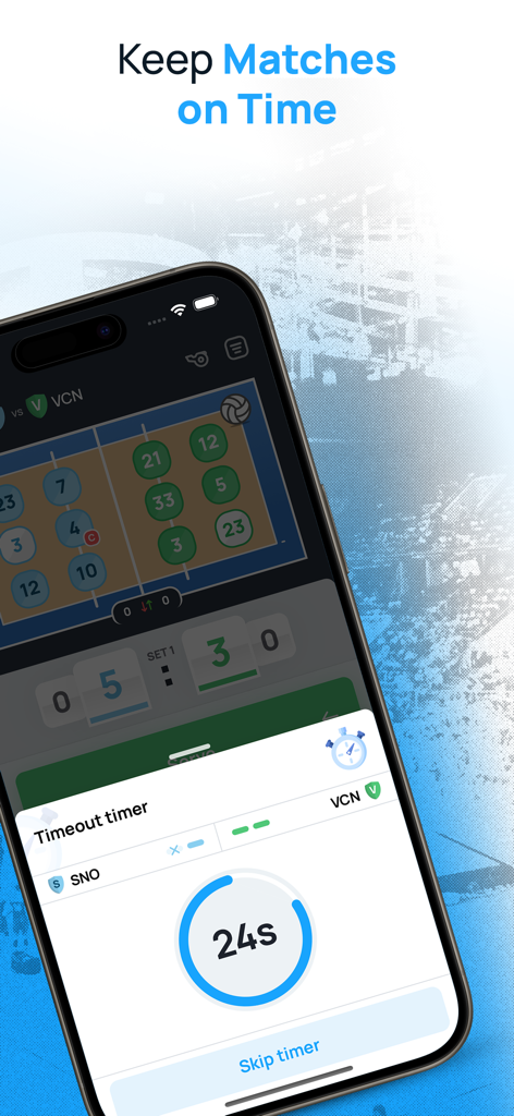 VolleyStation Score - 배구 경기 중 24초 타임아웃 타이머와 경기 상태를 보여주는 VolleyStation Score 앱 인터페이스