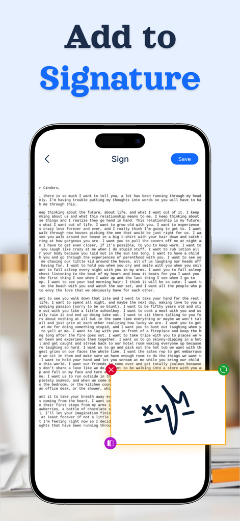 Doc Scanner - Fast PDF Creator - A mobile screen showing the Doc Scanner app interface where a hand-drawn digital signature is being applied to a scanned text document.