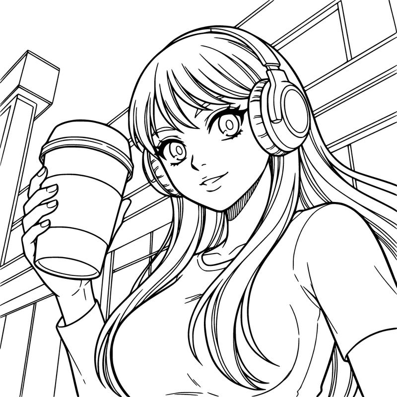 a clean girl with headphones and long hair, she is holding a matcha in her hand.
