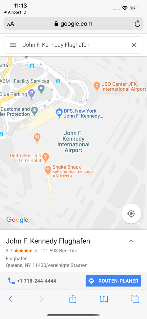 Airport ID - A Google Maps view showing the location and terminal details of John F. Kennedy International Airport in New York.