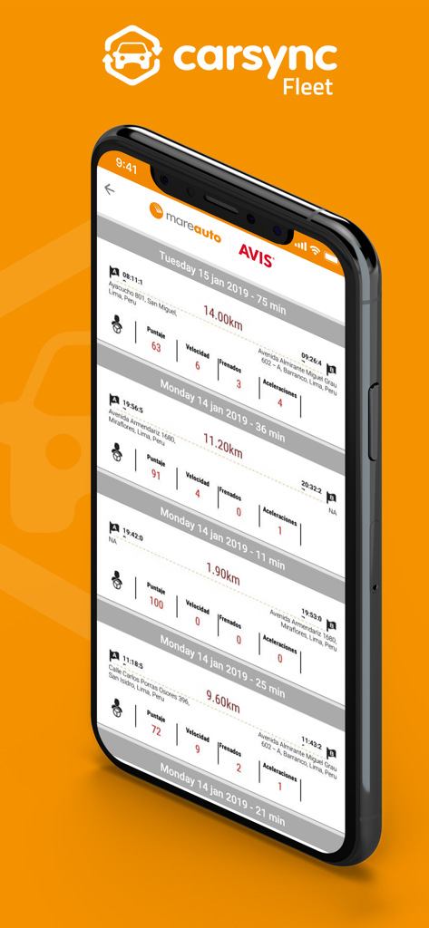 Carsync Fleet mobile app showing a list of vehicle trip logs with driving performance scores and metrics on an iPhone