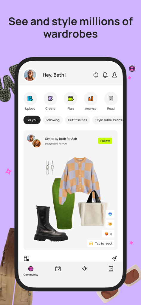 Smartphone display of the Whering app community feed featuring a social outfit suggestion and styling tools.