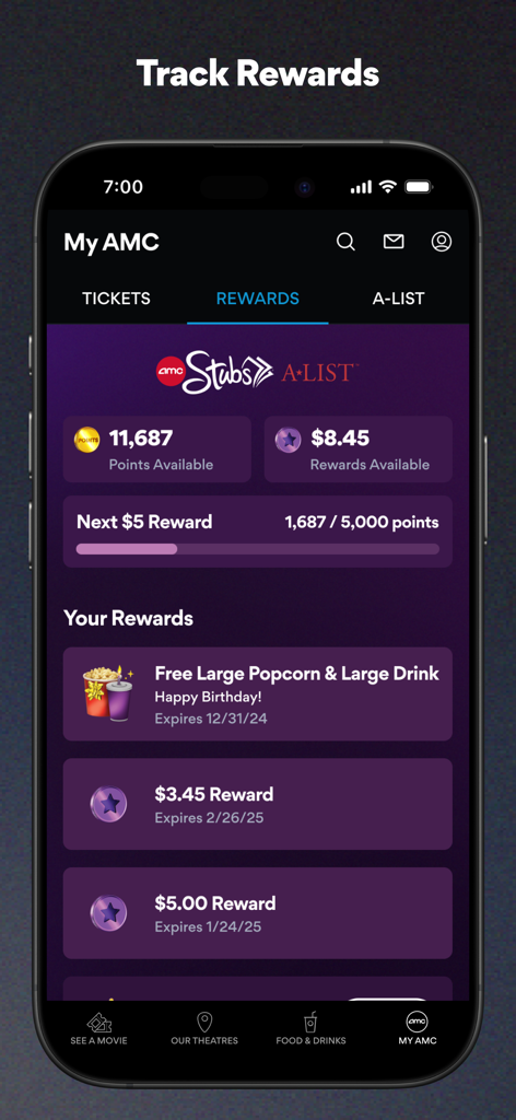 AMC Theatres: Movies & More - Schermata "My AMC" dell'app AMC Theatres che mostra i punti premio Stubs e i vantaggi dell'iscrizione