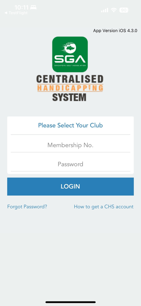 SGA CHS - Login screen for the SGA Centralised Handicapping System app showing fields for club selection membership number and password