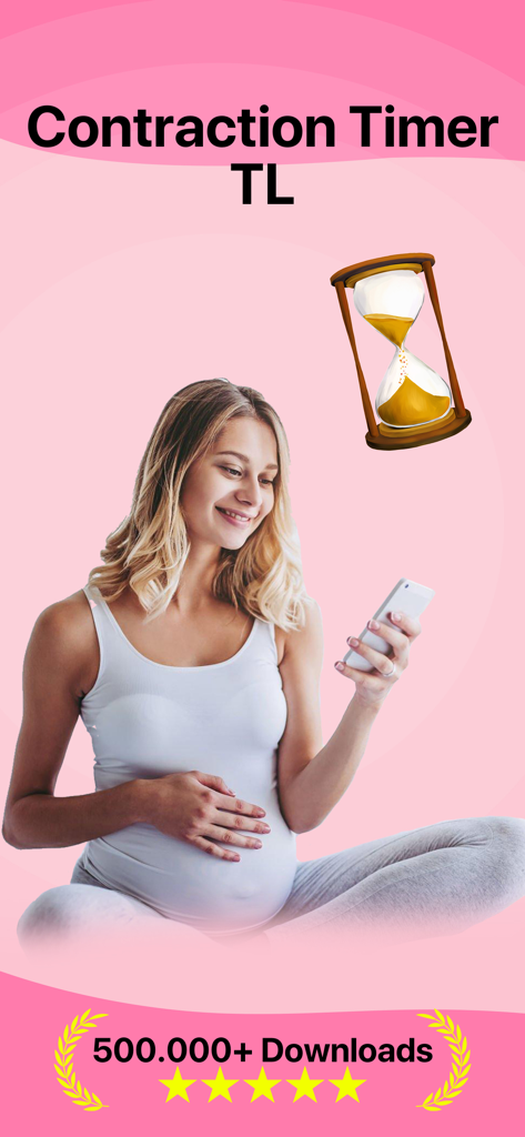 Contraction Timer · - Una mujer embarazada usando la aplicación Contraction Timer en su smartphone con un icono de reloj de arena