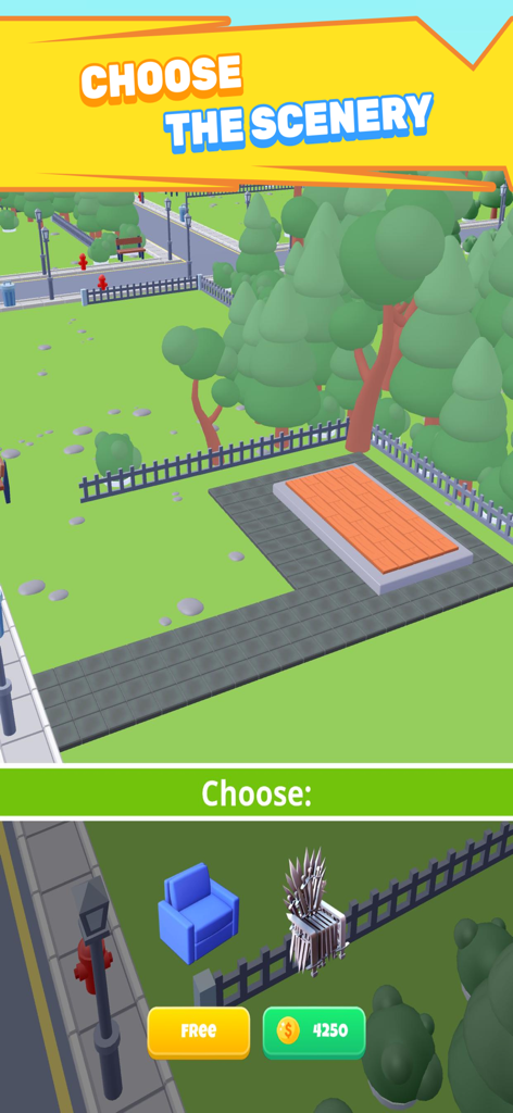 DIY Building 3D: Craft Block - A screenshot of DIY Building 3D showing a house foundation in a green yard with furniture selection options