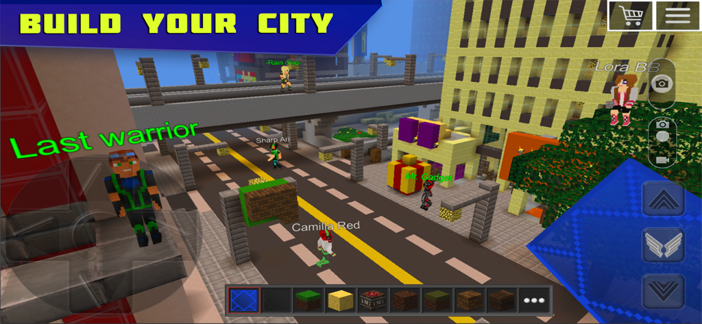 Planet of Cubes Craft and Mine - Jugabilidad multijugador en Planet of Cubes mostrando diferentes personajes jugadores explorando una ciudad de bloques construida a medida