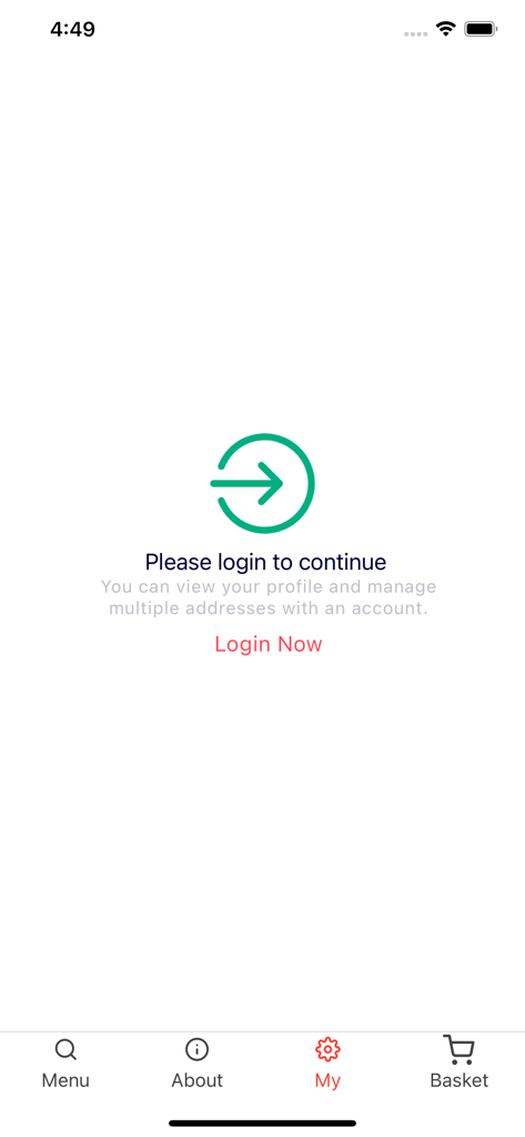 Super Chinese Takeaway - Login screen for the Super Chinese Takeaway app prompting users to sign in to manage their profile and delivery addresses.