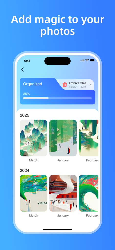 CleanNow - AI Storage Cleaner - Pantalla de la aplicación CleanNow mostrando una biblioteca de fotos organizada cronológicamente por año y mes con una opción de archivar archivos