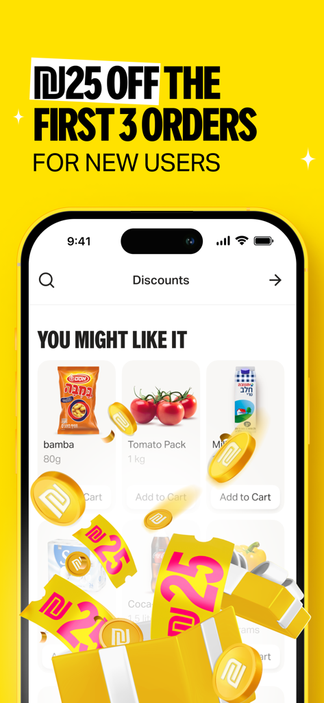 Yango Deli app promotional screen showing a 25 NIS discount for new users on their first three grocery orders.
