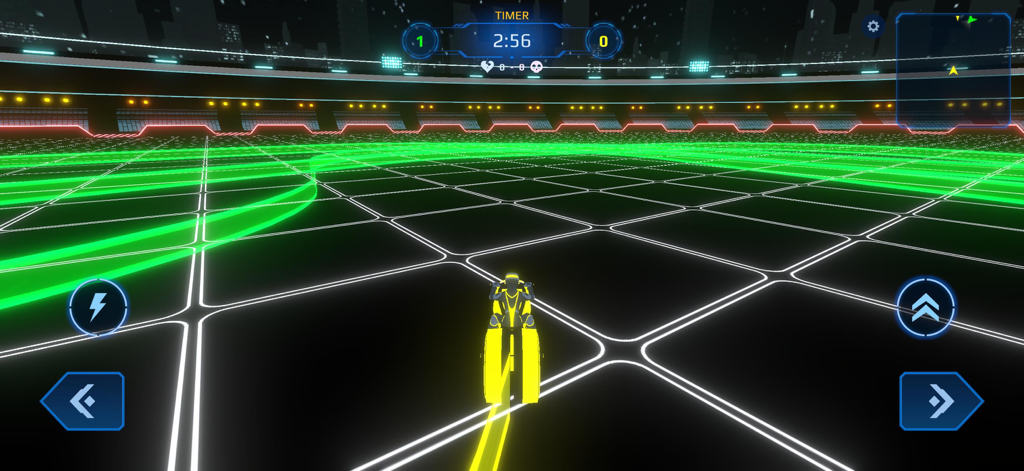 A yellow light bike racing in a neon grid arena with green trails and futuristic UI.
