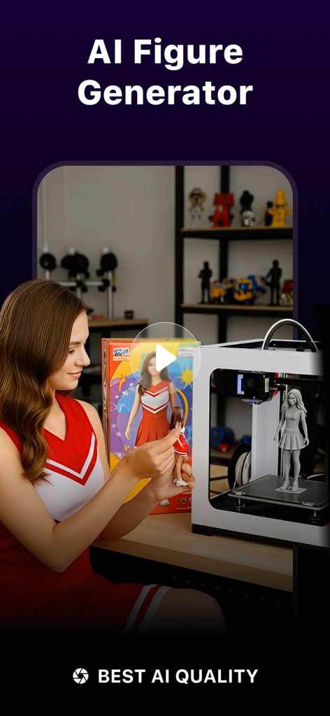 Eine Frau hält eine Miniaturfigur neben einem KI-gesteuerten 3D-Drucker-Generator