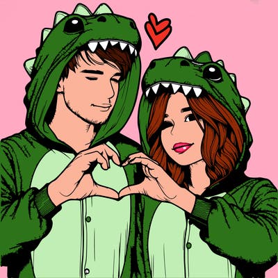 realistic couple wearing matching dinosaur onesies with heart hand gesture