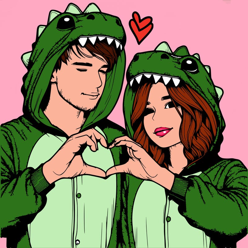 realistic couple wearing matching dinosaur onesies with heart hand gesture