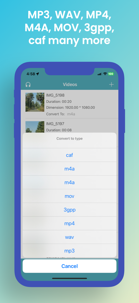 Interfaz de la aplicación móvil de Video to MP3 Converter que muestra una lista de formatos de exportación compatibles como MP3, WAV y MP4